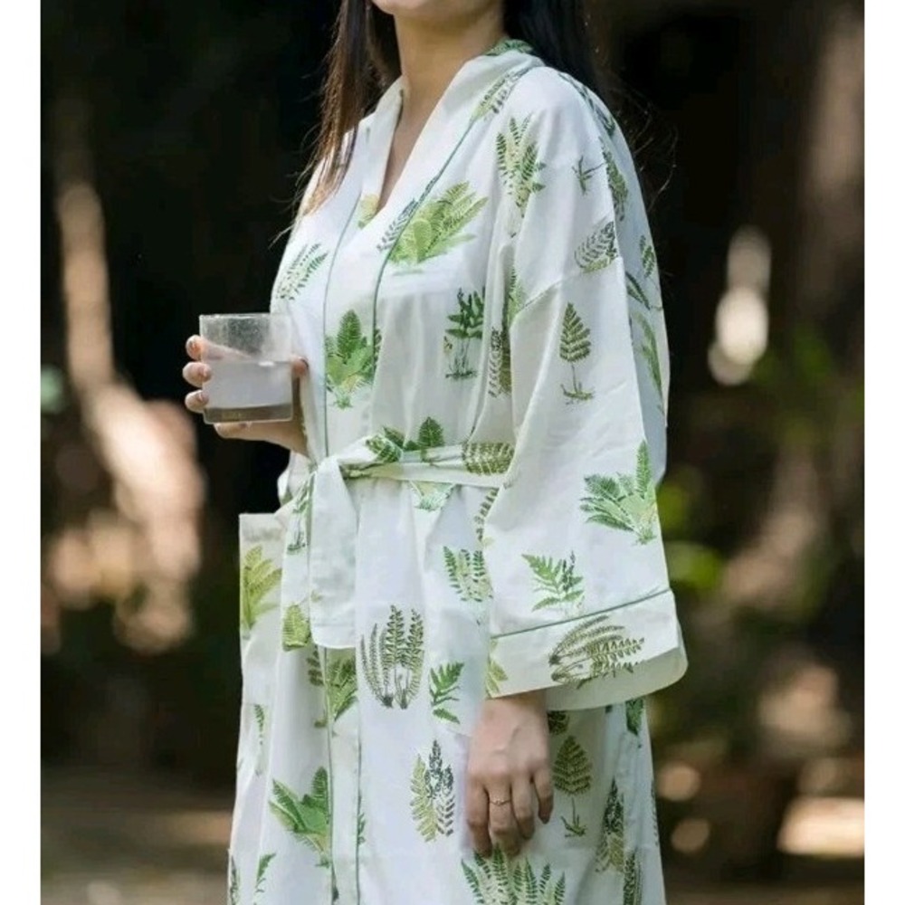 Handprint Duster Robe Women O/S Fern Leaf Cotton Open Front Boho Kimono W/ Tie